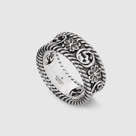 Double Gucci Aged Sterling Silver Interlocking Gucci Flower Ring